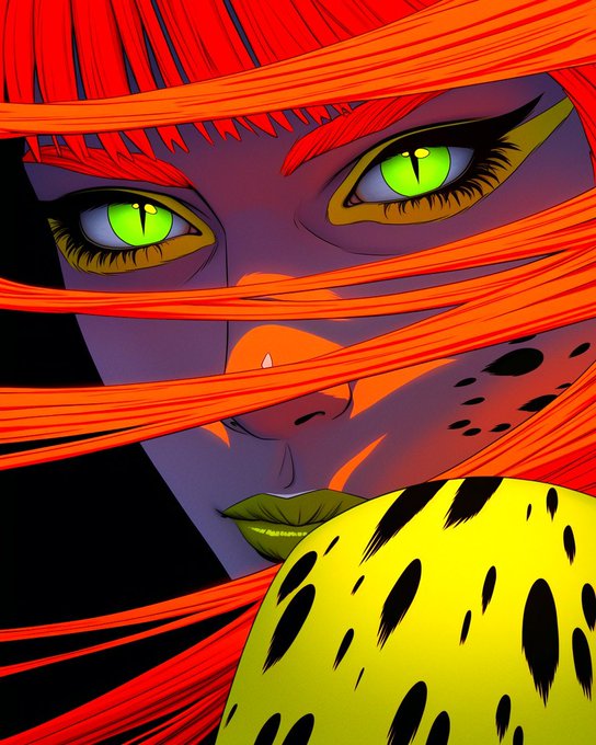 Stylized illustration of a woman with vibrant orange-red hair, striking green cat-like eyes with slit pupils, and a yellow and black spotted garment.