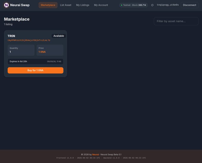 The image shows the Neurai Swap marketplace interface displaying 1 listing for TRON with a price of 1 XNA, quantity of 1, and expiration in 6d 20h (09/05/26). This reflects the updated Neurai Swap platform mentioned in the post, which has been adapted to work with the Neurai Sign addon for buying or selling assets on the testnet (Block 386,714).