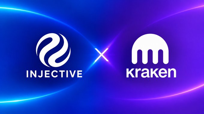 Partnership announcement graphic showing the Injective and Kraken logos with an 'x' between them on a blue and purple gradient background.