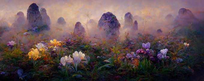 A vibrant landscape painting shows a misty field filled with blooming flowers in shades of yellow, white, and purple, backed by tall, silhouetted rock formations under a sunset sky.