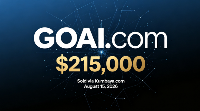 A promotional graphic showing the domain GOAI.com sold for $215,000 via Kumbaya.com on August 15, 2026, set against a blue digital network background.