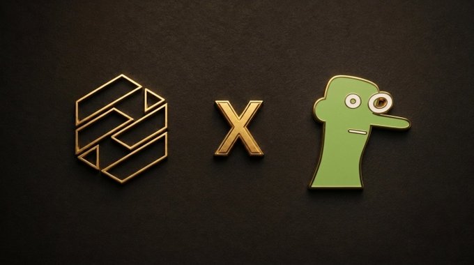 Two enamel pins rest on a dark surface: a gold geometric hexagonal logo and a green cartoon duck-like character with wide eyes, separated by an 'X'.