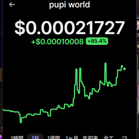 A cryptocurrency price chart for "pupi world" showing a price of $0.00021727, up +$0.00010008 (+85.4%) on a 1-day timeframe, with a green upward-trending line graph.