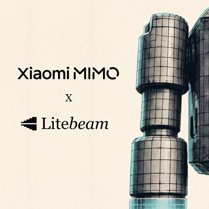 The image displays promotional text reading "Xiaomi MIMO x Litebeam" alongside an illustration of a cylindrical telecommunications antenna, visually reinforcing the partnership announcement highlighted in the post about $LBM and Xiaomi.