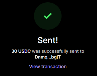 The image shows a successful transaction confirmation screen displaying "Sent!" with a checkmark, indicating that 30 USDC was successfully sent to the address "Dnmq...bgjT" on Solana, with a link to view the transaction. This serves as proof of the USDC transfer accompanying the sender's message about gifting crypto.