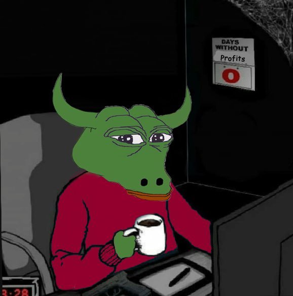 The image shows the Pepe the Frog meme sitting at a computer with a coffee mug, alongside a "Days Without Profits" counter at 0. It humorously captures the relentless trading grind, tying into the post's Ethereum price prediction of 3750-4100, suggesting the trader is actively monitoring and positioning for potential gains.