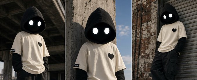 A triptych of a person wearing a black hoodie with glowing white eye holes over a cream-colored t-shirt featuring a small black heart logo, posing in various urban settings.