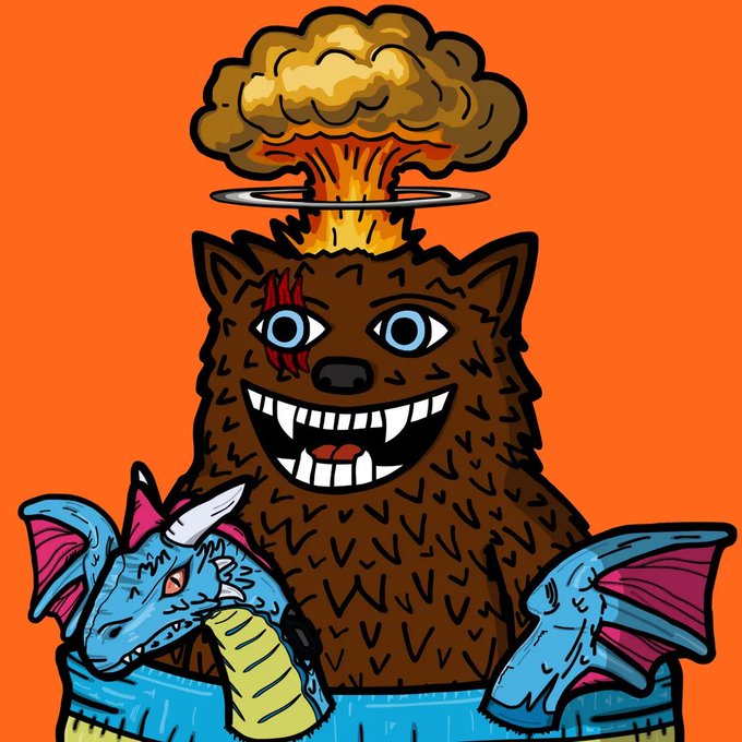 A cartoon illustration of a grinning brown werewolf with blue eyes, holding a blue dragon head, with a fiery mushroom cloud explosion rising from the top of its head against an orange background.