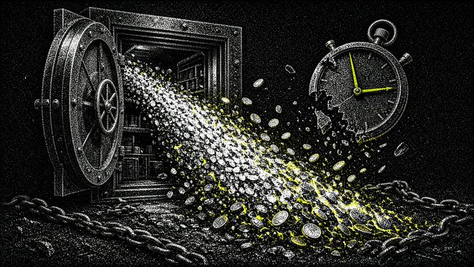 A surreal black-and-white illustration showing a stream of coins and glowing yellow light bursting from an open bank vault door, scattering toward a giant stopwatch with its hands moving.