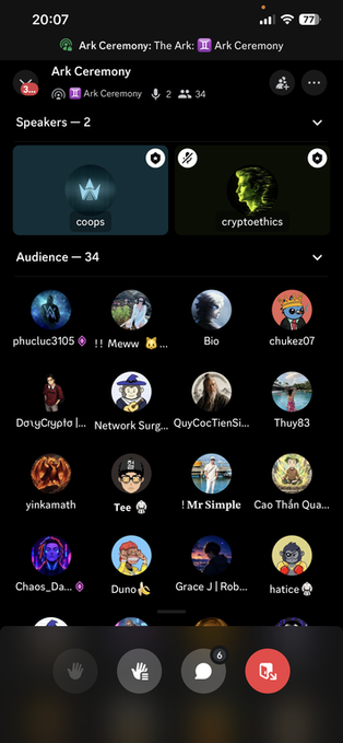 A mobile screenshot of a Twitter Space titled 'Ark Ceremony: The Ark' with 2 speakers (coops and cryptoethics) and 34 audience members shown in a grid.
