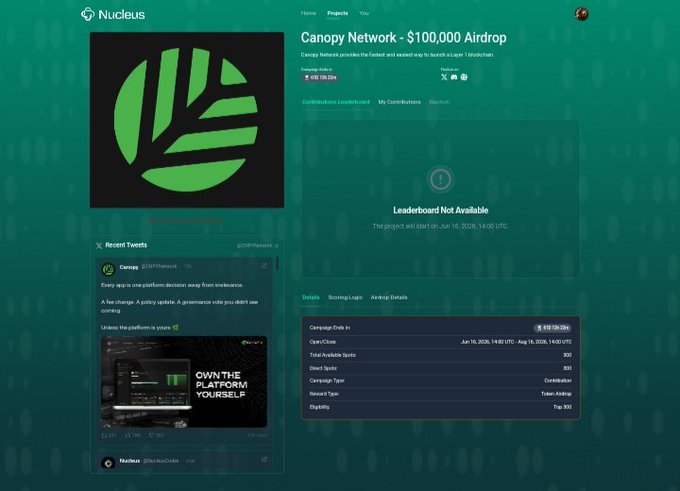 The image shows a screenshot from a Nucleus dashboard that displays information about an upcoming leaderboard for a campaign promoting Canopy Network. The dashboard consists of multiple elements, including a logo representing the campaign, posts discussing the project, details about the campaign on the leaderboard, and user interactions in the chat box section. The main focus is on the post announcing the launch of the campaign leaderboard and the prizes available to those who participate in it.