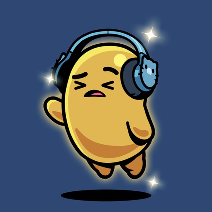 A cartoon illustration of a cute yellow character wearing blue headphones with a small bear face on them, floating against a dark blue background with sparkles.