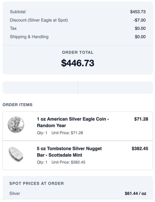 An order receipt showing a total of $446.73 for two items: a 1 oz American Silver Eagle Coin - Random Year at $71.28 and a 5 oz Tombstone Silver Nugget Bar - Scottsdale Mint at $382.45, with silver spot price at $61.44/oz.