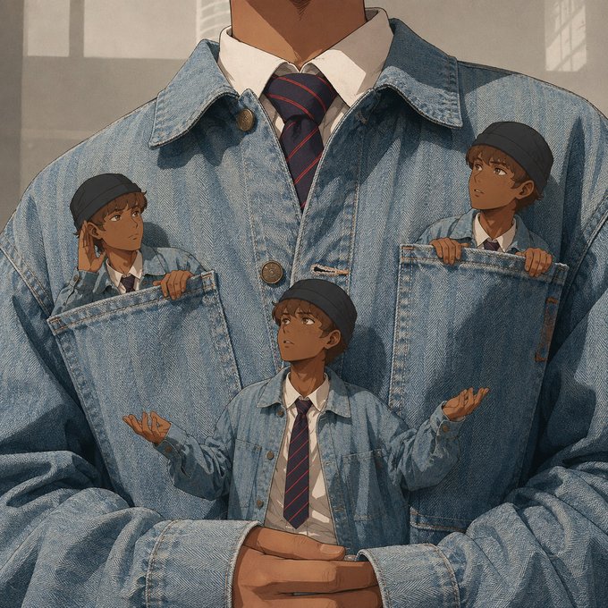 An anime-style illustration of a figure wearing a denim jacket over a white shirt and tie, with three smaller versions of the same character emerging from the jacket's pockets and chest.