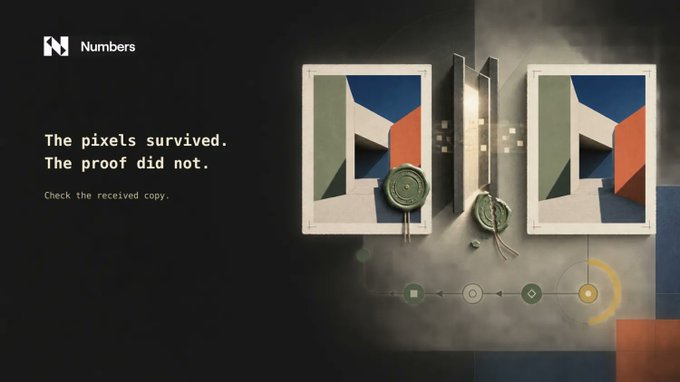 A Numbers promotional graphic with the text 'The pixels survived. The proof did not.' showing an artistic image of paintings on a wall with seals.