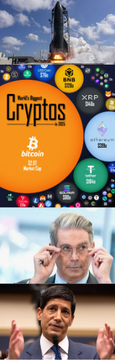 The image features a banner reading "Cryptos" displaying various cryptocurrency logos (including Bitcoin) above distorted images of Federal Reserve Chair Jerome Powell gesturing and a suited figure below, symbolizing the post's theme of central bank money printing fueling Bitcoin's rise as stated in the quote attributed to Anthony Pompliano.