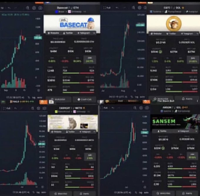 A collage of four cryptocurrency trading charts showing various tokens including Basecat, CATE, TABBCAT, and ANSEM with their respective price movements and statistics.