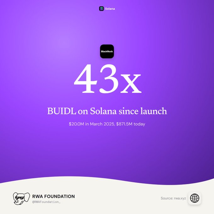 Purple infographic showing '43x BUIDL on Solana since launch' from BlackRock, going from $20.0M in March 2025 to $871.5M today.