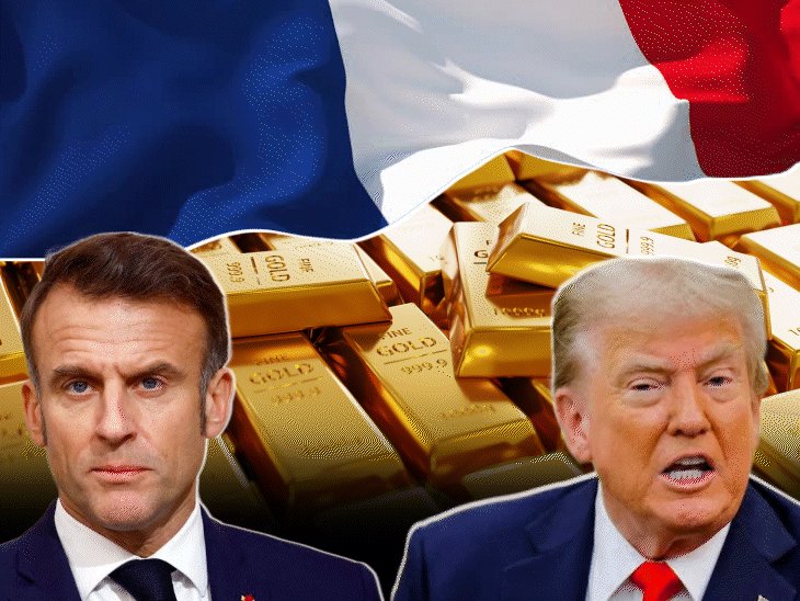 The image features two men wearing suits and ties, one of whom has a red tie. The man on the left side of the image is wearing a blue suit with a white shirt underneath, while the other man is dressed in a black suit with a white shirt. They are standing next to each other against a backdrop that includes a flag from France and gold bars.

The post suggests that the French government has sent its last remaining gold reserves back to Paris as an investment. The image also contains text that reads "France shipped its last remaining gold reserves from New York back to Paris", which implies that the gold reserves were sent from New York to Paris, possibly as a political move or for financial reasons.

The image is related to the post because it features two men dressed in suits and ties standing next to each other against a backdrop of a French flag and gold bars, suggesting a connection between the political event and the financial aspect represented by the gold reserves being sent from New York back to Paris.