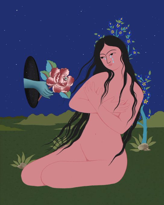 An artistic illustration of a crying nude woman with long black hair kneeling outdoors at night while a hand emerges from a portal offering her a rose.