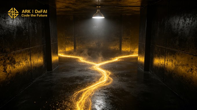 Dark atmospheric scene with glowing golden energy trails in a corridor, branded 'ARK | DeFAI - Code the Future' in the upper left.