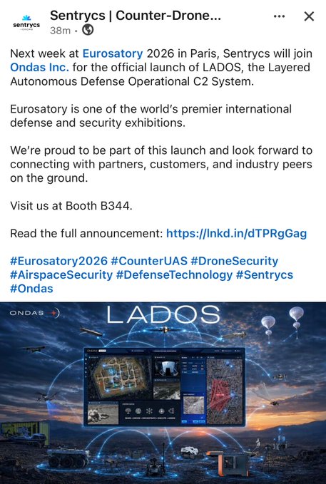 The image features a screenshot of an Instagram post about a drone event called "EuropeanSentrycs". The post includes a photograph of a drone with its surroundings, along with several other images related to the event or the company. The caption of the image suggests that the company is joining forces at the official launch of LADOS drones on June 26 in Paris.