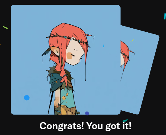 An illustration of a small, sad-looking character with red hair, pointed ears, and leaves draped over their clothing, accompanied by the text 'Congrats! You got it!'
