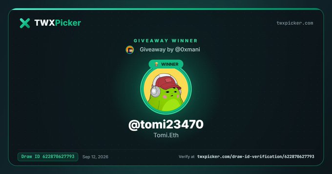 A TWXPicker giveaway winner announcement displays the winner "@tomi23470" (Tomi.Eth) with a green character wearing a Santa hat, dated Sep 12, 2026, with Draw ID 622878627793.
