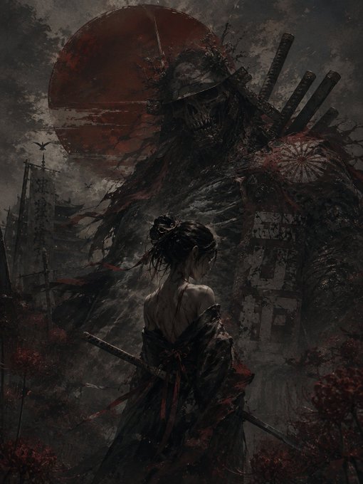 A lone samurai with a sword stands before a towering, skeletal warrior crowned with blades, set against a blood-red sun and crimson spider lilies—evoking the ominous, ritualistic atmosphere of the "Crimson Eclipse" NFT artwork. Japanese characters, including "天下 (tenka)" and "一戦 (issen)," are faintly visible on banners and structures, reinforcing the feudal and supernatural themes.