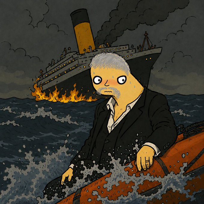 A man in a black suit sits in an orange life raft, sweating and wide-eyed as a large steamship burns and sinks behind him in stormy seas—a humorous illustration accompanying a post suggesting $BTC is sinking, with the caption "Bro is leaving this ship. $BTC $sellor @MichulsellorHQ."