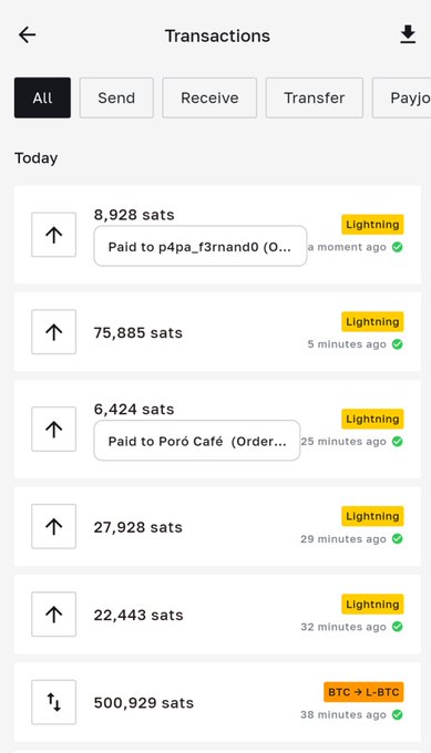 A Bitcoin wallet transactions screen showing multiple outgoing Lightning payments today, including 8,928 sats to "p4pa_f3rnand0", 75,885 sats, 6,424 sats to "Poró Café," 27,928 sats, 22,443 sats, and a 500,929 sat BTC→L-BTC transfer—consistent with the poster's note that their wallet is being drained during Saturday morning market spending at @BitcoinJungleCR in Costa Rica.
