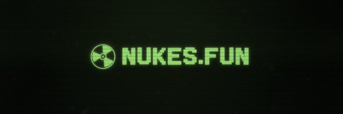 Logo banner displaying 'NUKES.FUN' in glowing green text next to a radioactive symbol on a dark background.
