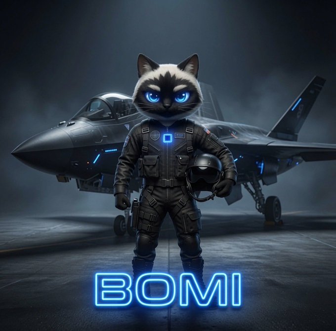 The image features a cat wearing a black suit, standing next to an airplane with blue lights. The caption reads "Quick BOMI update Our 6-member team is still active and in daily contact (6 guys, 7 ideas... passion is maxed). Building with purpose and staying low-key until there's real progress worth sharing." This post seems to be about a cat wearing a suit and standing next to an airplane. The caption provides information about the cat and the airplane while maintaining a lighthearted tone.
