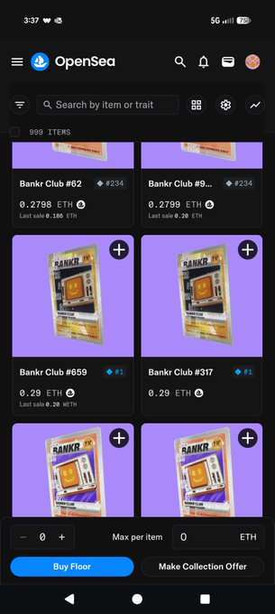 A mobile screenshot of the OpenSea NFT marketplace app displaying a 'Bankr Club' collection with various items listed at prices like 0.2798 ETH and 0.29 ETH.