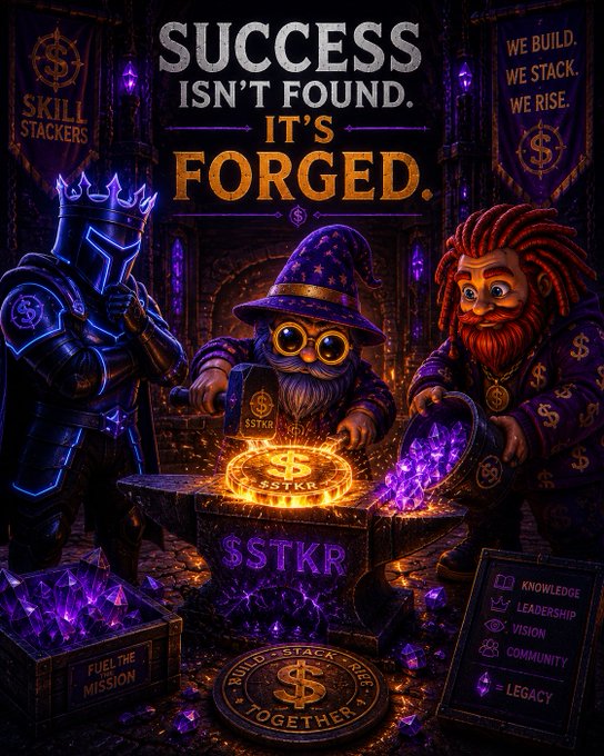 A fantasy-themed graphic declares "SUCCESS ISN'T FOUND. IT'S FORGED." featuring a knight, wizard, and bearded man around a glowing "$STKR" coin, with banners reading "SKILL STACKERS" and "WE BUILD. WE STACK. WE RISE."