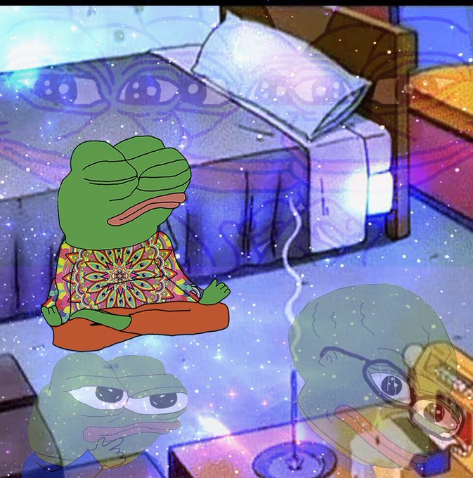 The image shows a Pepe the Frog character meditating in a psychedelic, cosmic setting while ghostly translucent Pepe faces linger around the room. The post's reference to being "top is in for the month" and "down only until October" reflects a stock market or trading metaphor, with the meditating Pepe representing inner peace and patience during a market downturn or waiting period.