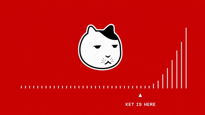 A red graphic featuring the Cat in a Hat meme character with a tired expression, positioned above a rising bar chart with the caption 'KET IS HERE' below it.