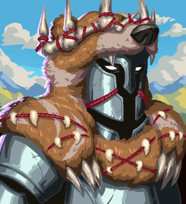 A digital drawing of a fantasy character wearing a spiked metal helmet and a thick, brown fur-lined cloak with red cord lacing, set against a stylized background of blue sky and mountains.