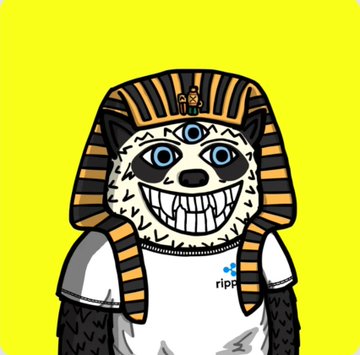 A cartoon panda wearing an Egyptian pharaoh headdress and a white t-shirt with the "ripple" logo smiles widely against a yellow background, symbolizing the collaboration between the XRP Ledger community and the XPUNKNFT/Fuzzy_XRP projects.