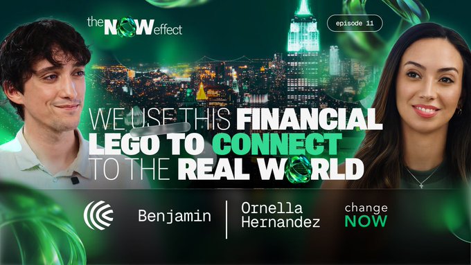 A thumbnail for 'The NOW effect' podcast episode 11 featuring hosts Benjamin and Ornella Hernandez, with text reading 'WE USE THIS FINANCIAL LEGO TO CONNECT TO THE REAL WORLD' against a New York City skyline background.