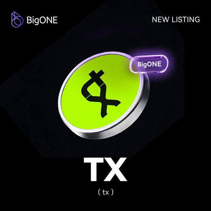 A promotional image for BigONE cryptocurrency exchange announcing a 'NEW LISTING' of 'TX (tx)' token, featuring a green circular coin with a black logo on a dark background.