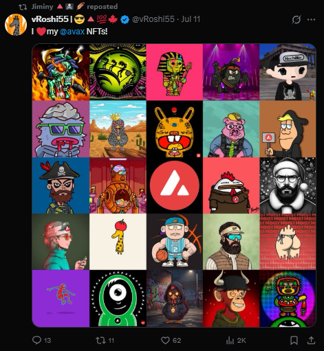 A Twitter/X repost from @vRoshi55 dated July 11 saying 'I ❤️ my @avax NFTs!' showcasing a grid of approximately 25 colorful NFT avatars with engagement metrics (13 comments, 11 reposts, 62 likes, 2K views).