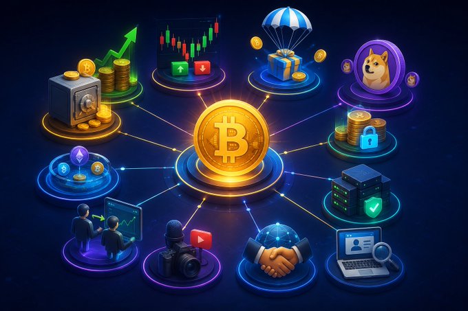 An illustration of the Bitcoin ecosystem showing Bitcoin at the center connected to various elements including a vault of coins, trading charts, airdrops, Dogecoin, staking, and YouTube content creation.