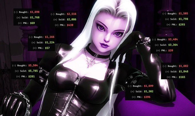 A digital illustration of a white-haired woman in dark leather attire overlaid with multiple panels showing financial trading data (Bought, Sold, PNL amounts in dollars).