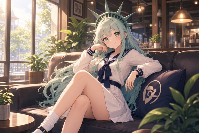 An anime-style girl with long mint-green hair, wearing a Statue of Liberty-inspired spiked crown and a white sailor dress, lounges casually on a dark leather sofa in a sunlit café, with a pillow bearing a stylized "P" logo nearby. The image visually mirrors the post's relaxed, anticipatory tone — the girl reclining in comfort evokes the "sit back and relax" message, while the "P" pillow symbolizes PumpTires, the platform being promoted as the launchpad for smaller coins to shine.