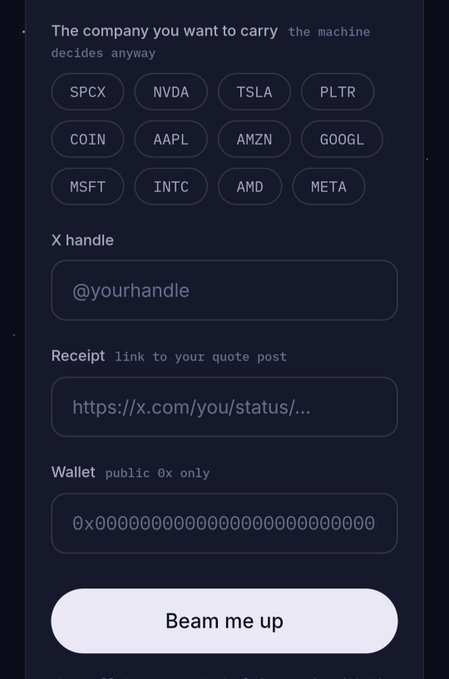A dark-themed form titled "The company you want to carry the machine decides anyway" displays selectable stock ticker chips (SPCX, NVDA, TSLA, PLTR, COIN, AAPL, AMZN, GOOGL, MSFT, INTC, AMD, META) along with input fields for an X handle, a receipt link, and a public wallet address (0x only), finished with a white "Beam me up" submit button. The interface appears to be an application form for the Zorpians collection whitelist mentioned in the post, where users can apply for WL by selecting a preferred stock ticker and submitting their social and wallet details.