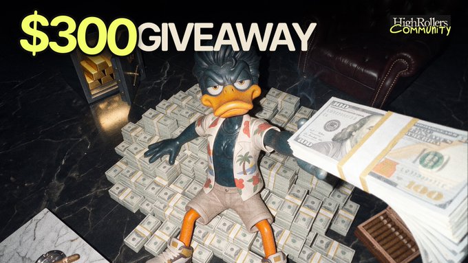 A cartoon duck character lounges atop stacks of $100 bills in a luxurious setting, with "$300 GIVEAWAY" and the "HighRollers Community" logo prominently displayed, promoting a USDT giveaway contest.