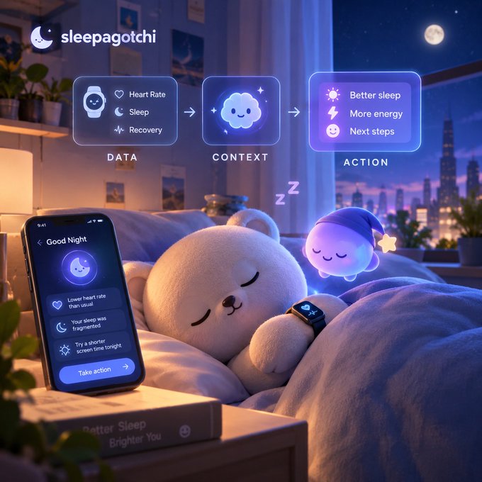 A promotional image for the Sleepagotchi app showing a cute bear-like plush toy wearing a smartwatch, with a phone displaying a 'Good Night' sleep summary. A flow diagram illustrates the app's process from DATA (Heart Rate, Sleep, Recovery) through CONTEXT to ACTION (Better sleep, More energy, Next steps).