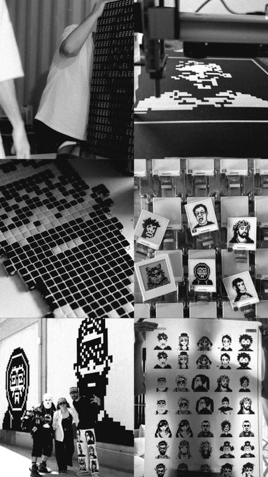 A black-and-white collage showcasing various applications of the "Normies" pixel-art collection, featuring close-ups of mosaic tiles, a pen plotter in action drawing pixelated designs, e-ink and Flipdigit displays showing Normie characters, children posing beside a large pixel mural of a Normie, and a sheet of "Normies" merch prints arranged in a grid.