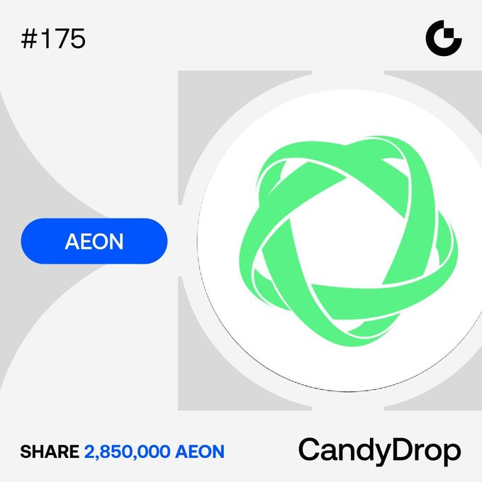 The image is a promotional graphic for #175 CandyDrop featuring the AEON token, displaying a green spherical logo and highlighting a prize pool of 2,850,000 AEON for users who complete trading tasks to unlock rewards.